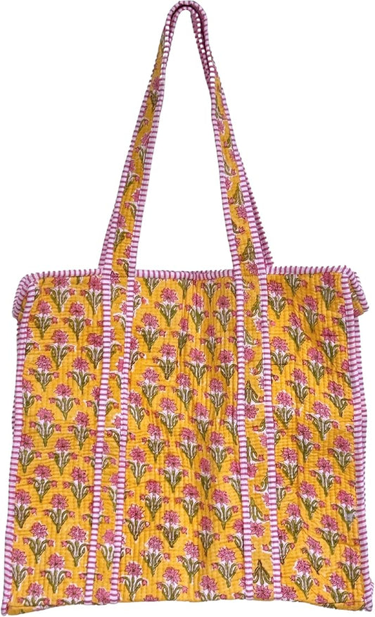 ATOSII Women Handblock Print Quilted 100% Cotton Floral Large Shoulder Tote Bag with Pocket, Zipper for Work, Beach & Travel