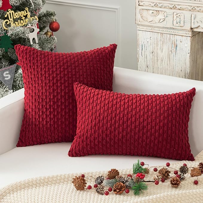 Kevin Textile Valentines 14x24 Inch Pillow Cover 1 Pack Boho Decorative Soft Striped Corduroy Lumbar Farmhouse Color Accent Rectangle Cushion Case for Living Room Couch Sofa Bed, Burgundy