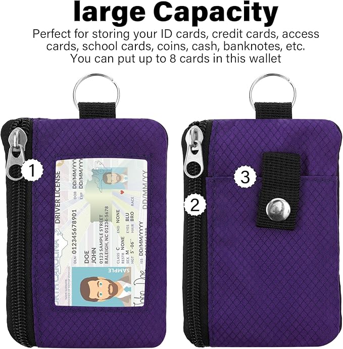 Minimalist RFID Wallet with Lanyard, Multi-functional ID Case with 2 Zipper Pockets and Key Chain for Men and Women, Tactical Badge Pouch Cards Holder, Coin Purse for Travel Sports - Dark Purple