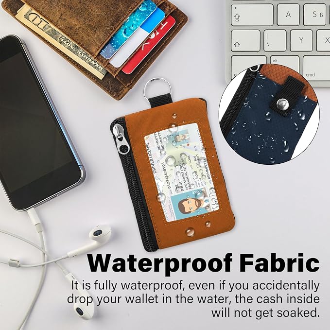 Minimalist RFID Wallet with Lanyard, Multi-functional ID Case with 2 Zipper Pockets and Key Chain for Men and Women, Tactical Badge Pouch Cards Holder, Coin Purse for Travel Sports - Orange&Blue
