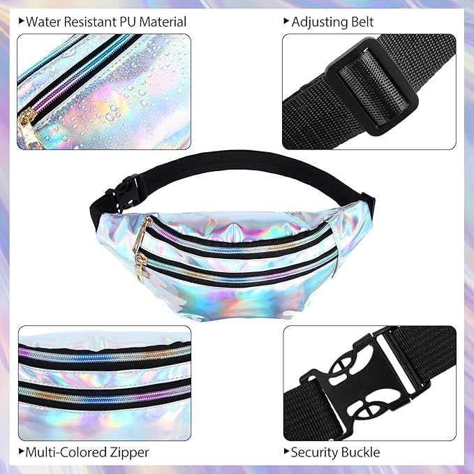 16 Pcs Fanny Packs for Women Holographic Fanny Pack Bulk 80s 90s Shiny Waist Bag Metallic Color with Adjustable Belt(Stylish Style)