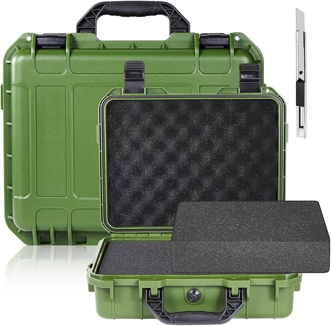 Relaxweex 1 Pcs Waterproof Hard Case with DIY Customizable Foam Insert Portable Protective Case with Knife for Camera Drones Equipments Tools Test Instruments(Green,11.3 x 8.7 x 4.2 Inch)