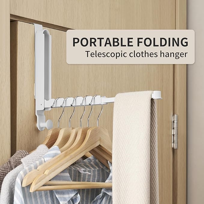 RFOUO Clothes Drying Rack Foldable Fit Door up to 1 3/8" Optimal 2pc,Over The Door Hanger with Retractable Rod,Over The Door Hanger Hooks for Laundry Bathroom Bedroom Travel Hangers(White, 2 Pack)