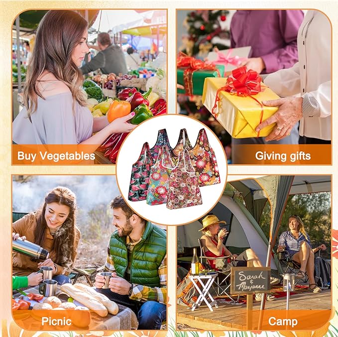 MIAHART Reusable Grocery Bags Foldable Groceries Shopping Bags Foldable Cute Tote Bags Fashion Bags Waterproof Nylon Grocery Bags (Flower Style)