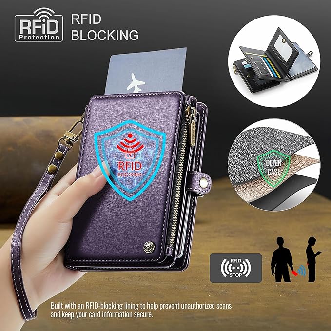 Passport Holder Wallet Bag with AirTag Holder, 11 Card Slots and Passport Solt Cash Solt Photo Solt Zipper Pocket, RFID Blocking Wristlet Strap.Purple
