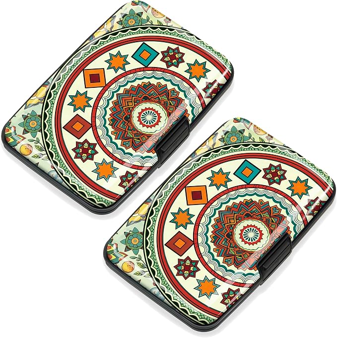 Mayski 2 Pack Credit Card Holder for Women, RFID Blocking, Red Mandala Aluminum Alloy Hard Case, Small Mini Business Metal Wallet for Men