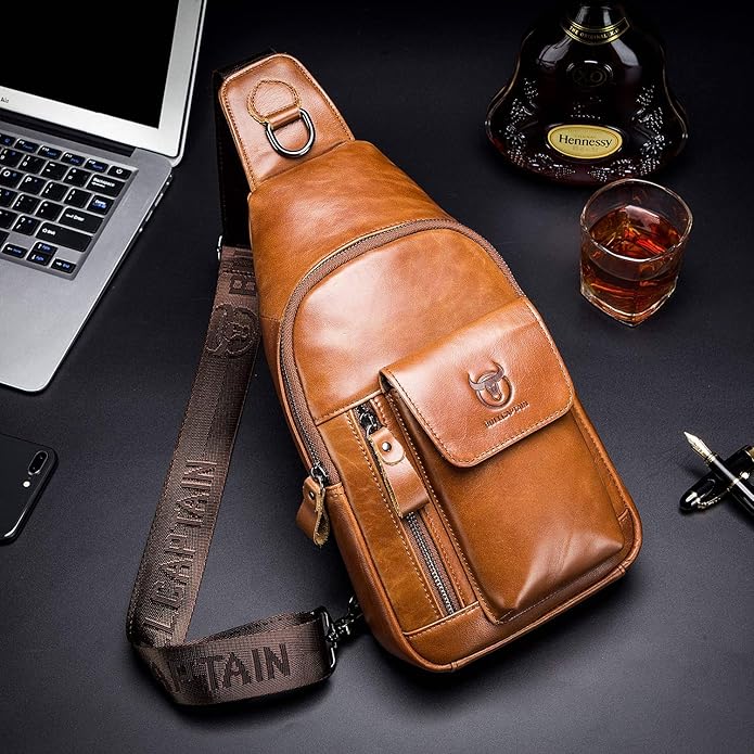 BULLCAPTAIN Mens Leather Crossbody Bag Shoulder Sling Bag Casual Daypacks Chest Bags for Travel Hiking Backpacks