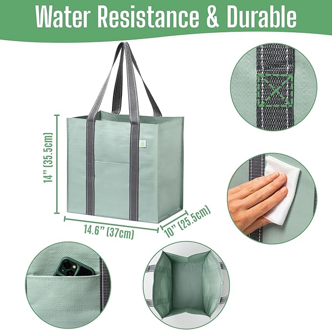 VENO 4 Pack Reusable Grocery Bags, Heavy-Duty Shopping Bags with Handles, Bags for Shopping Cart with Hard Bottom to Stand Upright, Foldable, Multi-Purpose(Light Green, 4 Pack)