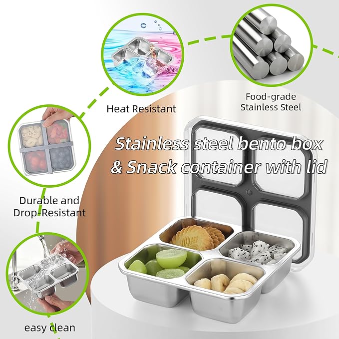 BEFOY 4-Pack Stainless Steel Snack Containers – 4 Compartment Leak-Proof Bento Box for Meal Prep, School, Picnic & Travel – Nestable & Reusable for Kids & Adults (grey, 2)