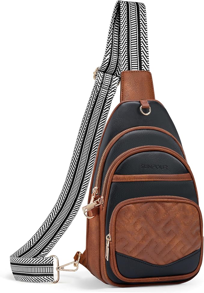 Anti Theft Crossbody Bags for Women, RFID Vegan Leather Sling Purse for Travel, Chest Bag, Cross Body Purses & Fanny Packs(Brown＆Black)