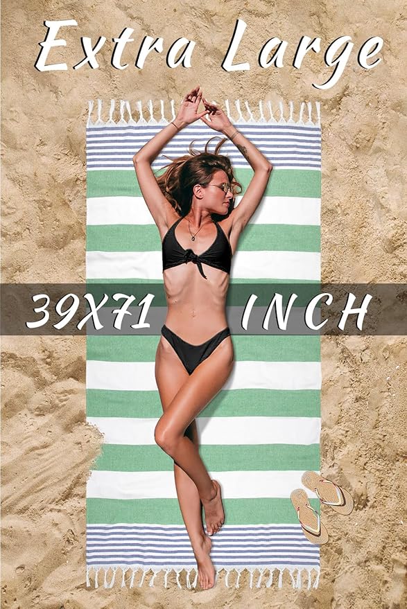 cabanana Turkish Beach Towel Oversized - 40"x70" Quick Dry Sand Free Thin Beach Towels for Adults,Extra Large Cotton Lightweigh Travel Towel for Beach Accessories (Turquoise Navy)