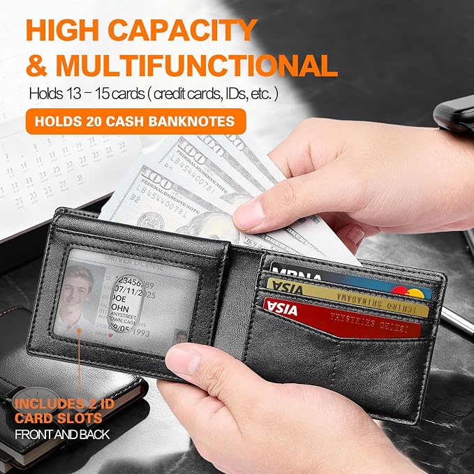 Wallet for Men Slim RFID Blocking Bifold Carbon Fiber,Minimalist Small Compact Front Pocket Credit Card Holder,Thin Mens Leather Wallets Smart Security With 2 ID windows 1 Cash (Oil Wax Black)