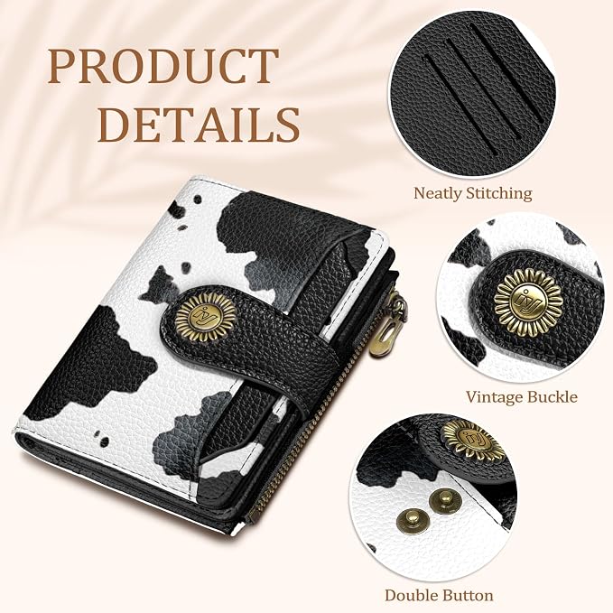 Icycay Cow Black Wallet Women Small RFID Blocking Bifold, Credit Card Holder, Zipper Coin Pocket, PU Leather, Compact, Travel, 4 ID Window, 14 Card Slots, Cash Purse, Ladies Woman Female Girls