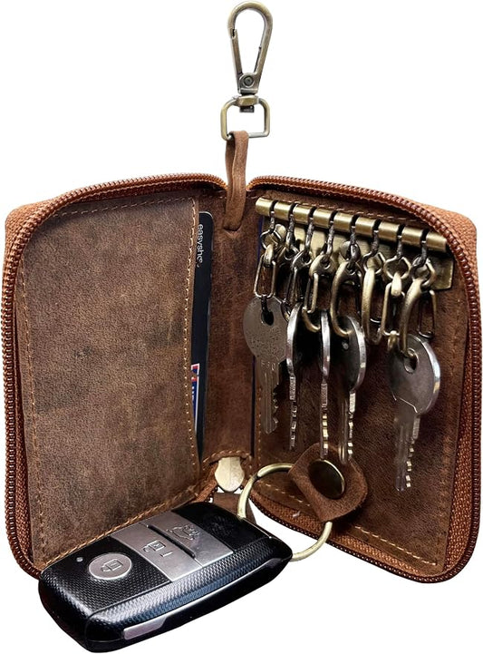 RUSTIC TOWN Leather Key Holder Case - Zippered Key Organizer Wallet with 8 Hooks for Keys, Cash & Card - Gift for Men Women