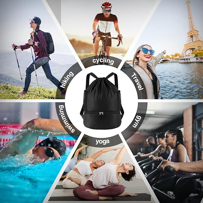 6 Pack Gym Drawstring Backpack Bags Bulk with Shoe Compartment for Sports Wet Proof Pocket for Men Women Large(Black)