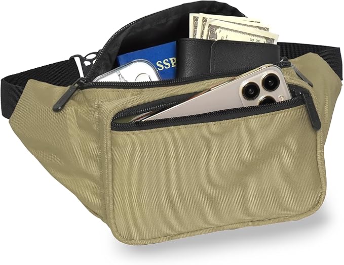 Olive Green Fanny Pack Belt bag - Crossbody Waist Bag for Men or Women - Hands-Free, Waterproof Large Bumbag for Hiking, Running, and Travel
