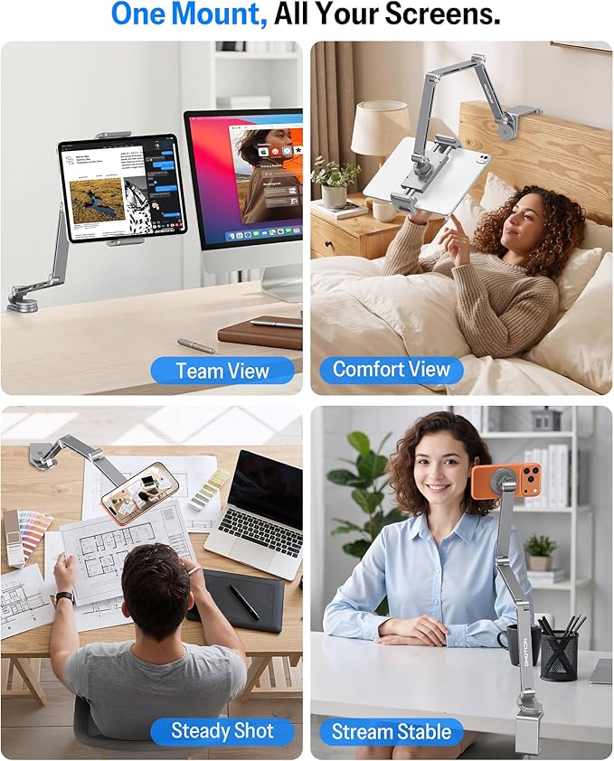OMOTON Tablet Stand for iPad with 360° Rotation, GH04 Aluminum Alloy Long Arm Phone Mount with Magnetic Phone Head & Plastic Tablet Clamp, Adjustable Holder for 4-13" iPad Pro/iPhone, Grey