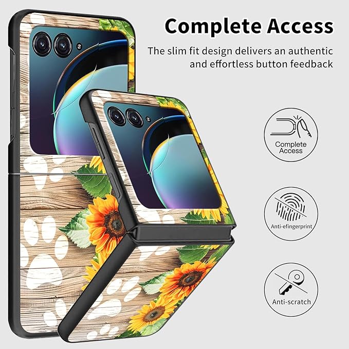 for Motorola Moto Razr 2024 Case,Moto Razr 50 Phone Case Cute Slim Hard PC Ultra-Thin Anti-Scratches Shockproof Protective Cover,Sunflower Wood Paw
