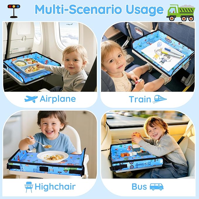 Kids Travel Tray Table Cover with Pockets – Toddler Airplane Essentials for Plane, Train, Car & Highchair, Portable Activity Board with Tablet Holder & Storage (Light Blue)