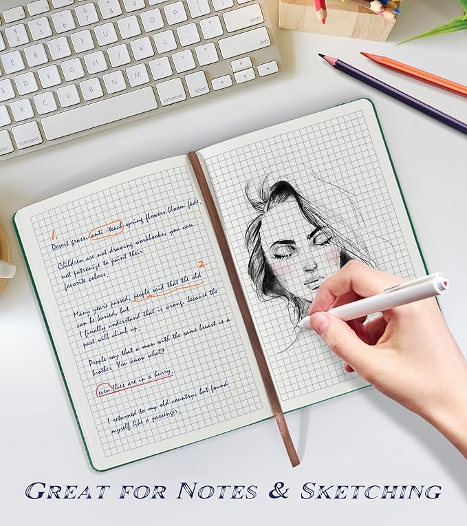 Biuwory Graph Paper Notebook Journal for Women Men,140 Pages Hardcover Grid Notebooks for Work & School,Leather Journals for Writing, Graphing Paper Notebook 5.7"×8.3" (Green)