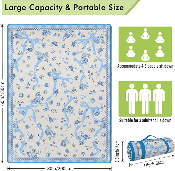 Floral Picnic Blankets Waterproof Foldable, 60″X80″ Packable Picnic Mat Cute Bow Outdoor Blanket for Grass,Large Beach Blanket Sandproof Picnic Accessories for Camping Music Festival Party Park Travel