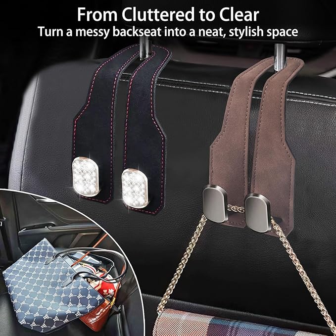 4Pcs Car Headrest Hooks with Premium Leather, Upgraded Double Metal Hooks with Anti-Drop Design, Universal Back Seat Hanger for Bags, Coats, Purses and Groceries (Stylish Brown)