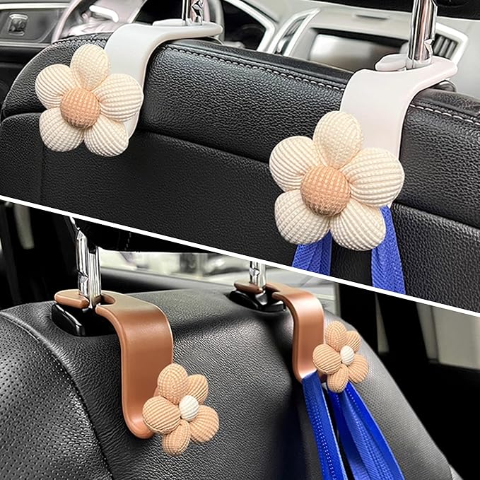 4PCS Car Headrest Hooks, Cute Flower Car Seat Organizer Hooks, Portable Seatback Organizer Hanger for Purses and Bags, Universal Automotive Accessories for SUV, Sedan, Truck (Orange/White)