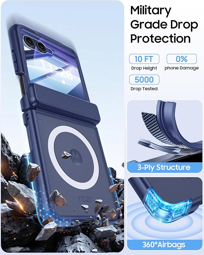 Magnetic for Motorola Razr+ Plus 2026,Razr+ 2025/2024 Case,Hinge Protection, Screen Protector, Compatible with MagSafe, Translucent Frosted, Shockproof Cover for Razr+ 2026/2025/2024-Blue