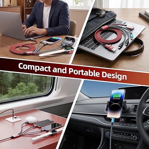 Cruise Essentials 2026, Travel Essentials Dual Type-C 4 in 2 Multi Charging Cable for iPhone Watch Charger/iPhone 17/IP, iWatch Charger, Compatible with iWatch 11-2/Ultra/iPhone 17-8,Car/ Camping 5FT