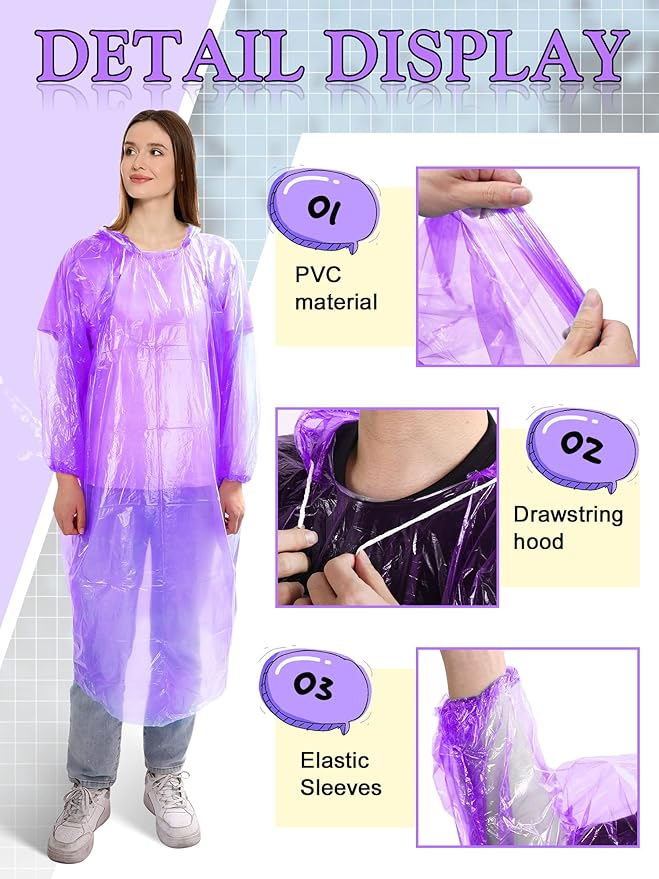 40 Pack Disposable Rain Ponchos for Adults Disposable Ponchos Pack with Drawstring Hood Elastic Sleeves Raincoat for Camping