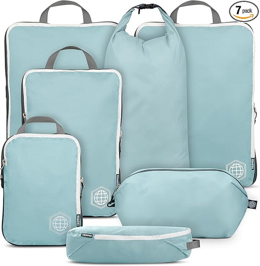 Large Compression Packing Cubes for Travel-Packing Cube Luggage Organizers 7 Piece Set for Checked Luggage-Ultralight, Expandable/Compression Bags by TRIPPED Travel Gear (DustyTeal/White)