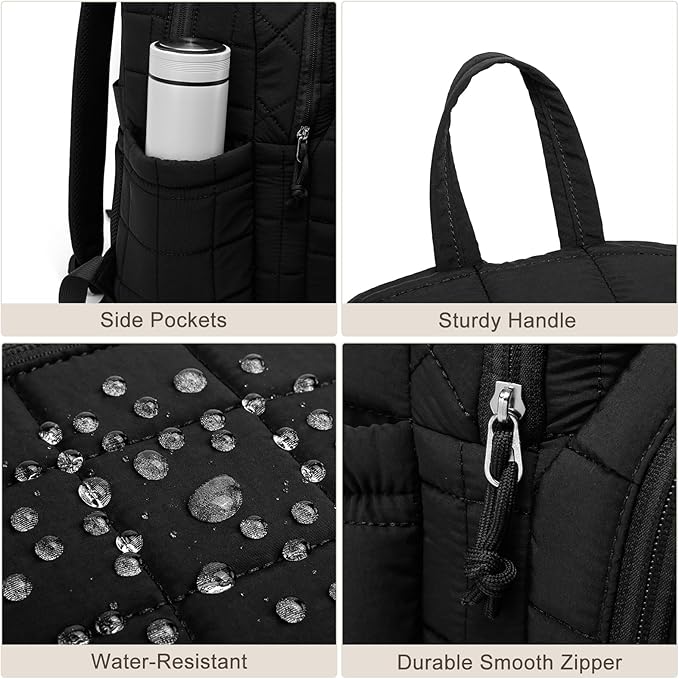 kadilong Laptop Backpack for Women College Travel,Quilted Daypack Bookbag for School Teen Girls Mochilas Mujer,Black
