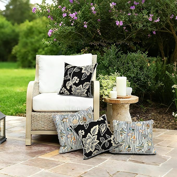 LVTXIII Set of 2 Patio Throw Pillows Waterproof 16"x16" Fade Resistant Outdoor Throw Pillow with Inserts,Decorative Garden Toss Pillow Cushions for Home Patio Sofa Use, Elegant Vines Black