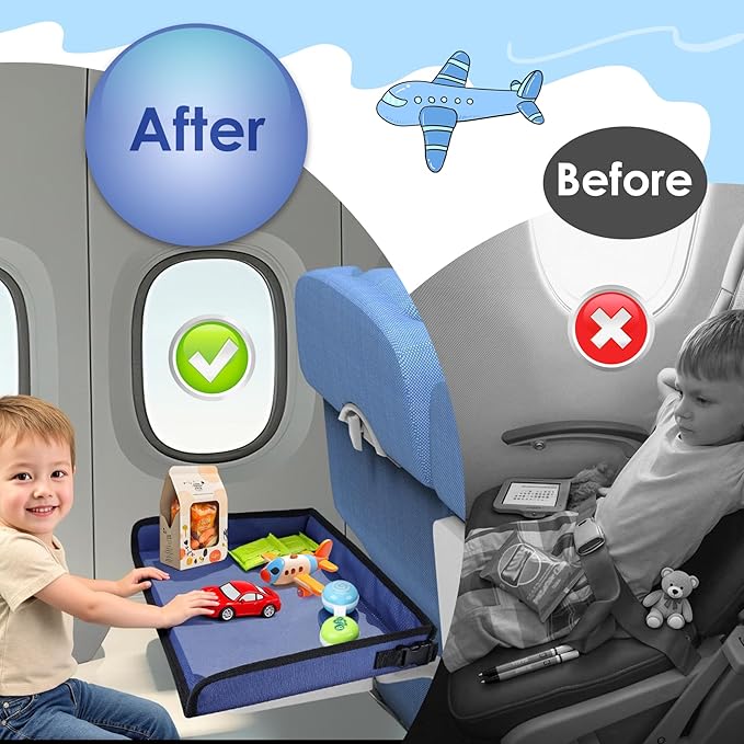 Kids Tray Table Cover, Airplane Tray Cover with Pockets, Airplane Travel Essentials for Kids, Portable Airplane Must Haves for Toddler on Plane or Train and Flying Supplies (Navy Blue)