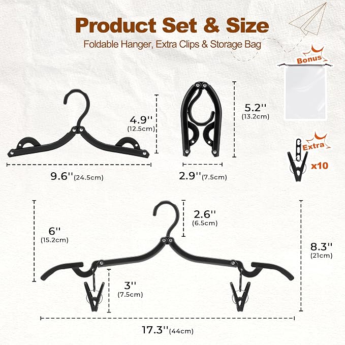 HOUSE DAY 20 Pack Travel Hangers with Clips, Cruise Essentials 2026, Black Foldable Hangers for Pants Skirt, Lightweight Portable Collapsible Clothes Hangers Space Saving Set for Hotel, RV, Dorm