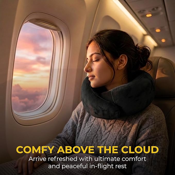 Travel Neck Pillow – Airplane Travel Essentials with Ergonomic Memory Foam Comfort – Premium Travel Pillows for Airplanes and Long Journeys, Compact Carry Pouch (Black)