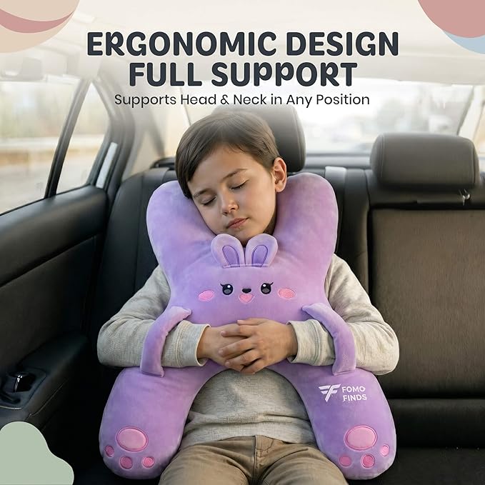 Kids Car Sleeping Pillow - H-Shaped for Neck & Back Support - Hands & Seat Belt Slot - Machine Washable & Compressible - Perfect for Car, Plane, Train, Boat & More - Purple