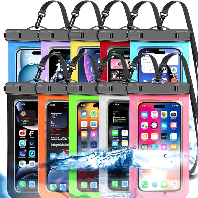 Famoby 10 Pack Multicolor Waterproof Phone Pouch,Cell Phone Waterproof Case Dry Bag,Protection Level: IP68,Beach Cruise for iPhone,Samsung,and More,Lanyard Included,(Fits Up to 8.3"),Multicolor 10Pack
