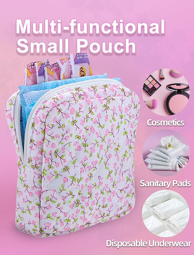 Period Bag for Girls, Quilted Period Pouch for Women, Floral Sanitary Napkin Storage Bag Menstrual Pad Pouches Tampon Holder for Purse Pad Bag Gifts for Teen Girls(Pink)