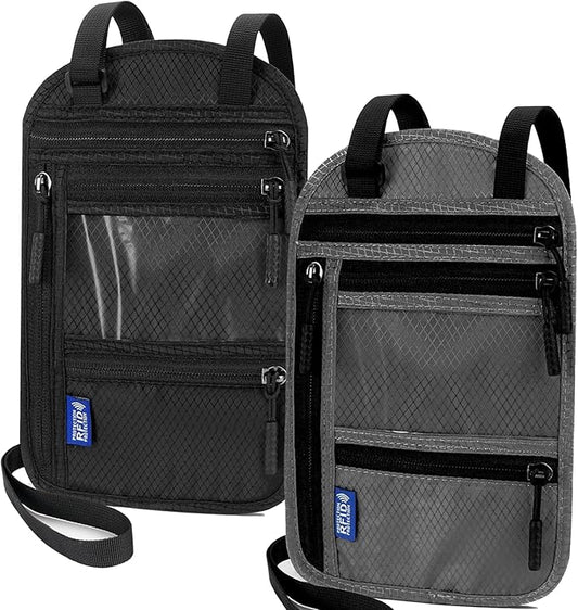 2-Pack RFID Blocking Passport Holder Neck Wallet, Large Travel Pouch for 2 Passports & 7" Phone, Comfortable Breathable Anti-Theft Travel Organizer with Cash Pocket (Black & Dark Gray)