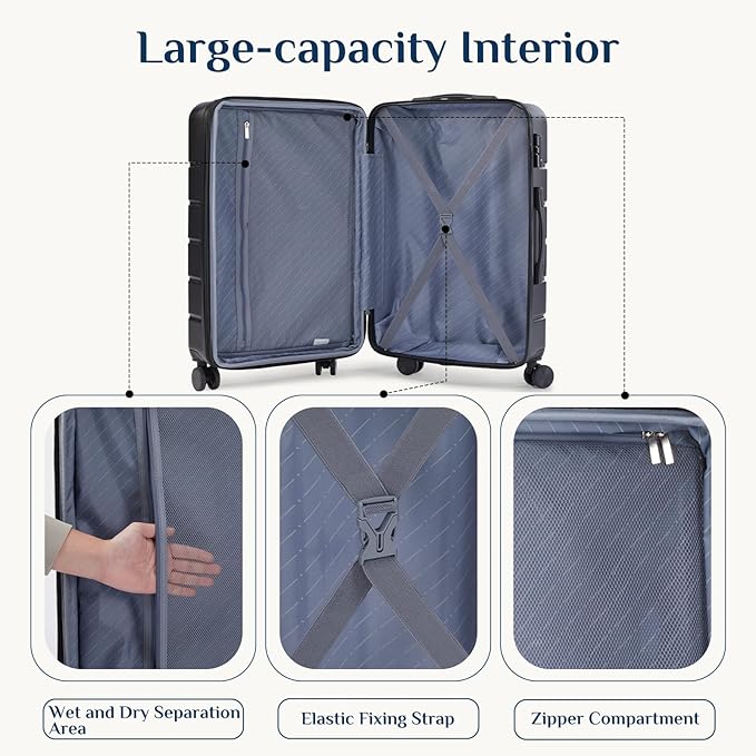 NEWBULIG 24 Inch Checked Luggage, ABS Hard Shell Lightweight Rolling Expandable Suitcase with Smooth Spinner Wheels and TSA Lock for Business Trips and Daily Vacations, Black