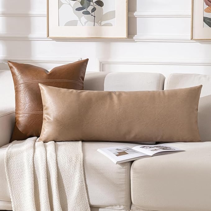 Fancy Homi Tan Boho Long Lumbar Faux Leather Body Decorative Throw Pillow Cover 14x40 Inch for Bedroom Couch Bed Sofa, Stylish Solid Rectangular Beige Pillowcase, Rustic Modern Farmhouse Room Decor