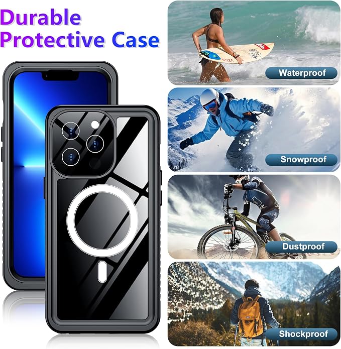 Compatible with iPhone 13 Pro Max Case Waterproof, Built-in Screen & Camera Protector IP68 Underwater Full Body 13FT Military Dropproof Shockproof Phone Case 6.7"-Black/Clear-Mag