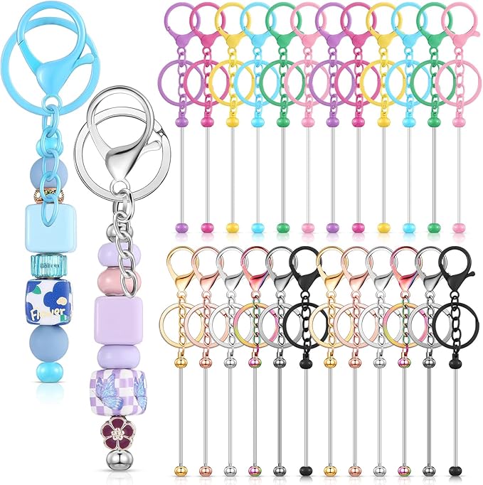 Tondiamo 24 Pcs Beadable Keychain Bars Bulk Beads for Keychain Making Kit Gifts for Women Men DIY Crafts(Multicolor)