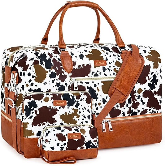 ITIEZY Weekender Overnight Bag for Women - Large Travel Duffel Bag with Shoe Compartment, Gym Duffel Bag Hospital Bag Carry On Tote Bags for Airplanes with Crossbody Bag Toiletry Bag 3Pcs Set