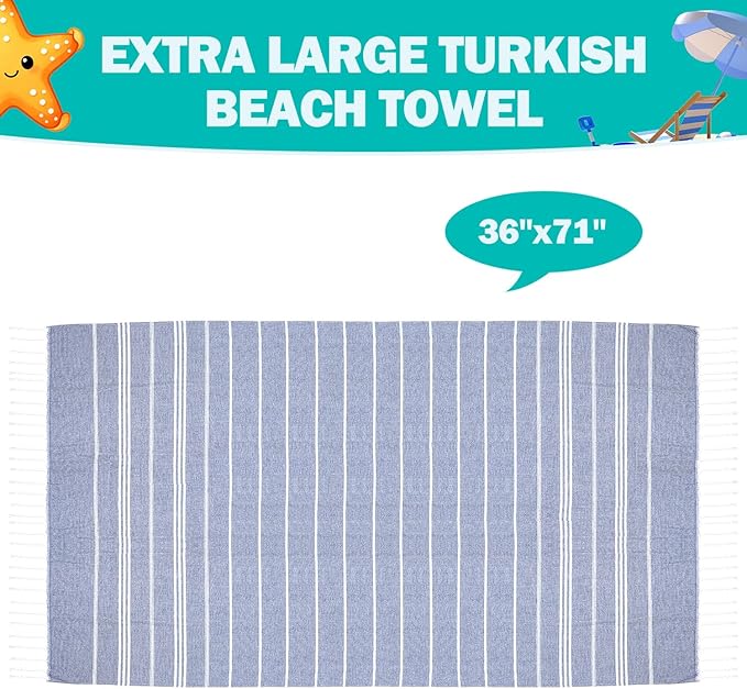 YSYJ Turkish Beach Towel 36 Pack Extra Large Beach Towels 36"x71" Soft Turkish Towel Bulk Sand Free Quick Dry Bath Towels Blanket for Adult Navy