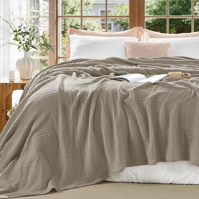 BEDELITE 100% Cotton Muslin Blankets for Adults - 4-Layer Queen Size Breathable and Lightweight Gauze Blanket for Couch, Bed, Travel and Summer, Soft & Cozy Gift for Women, Taupe, 90"x90"