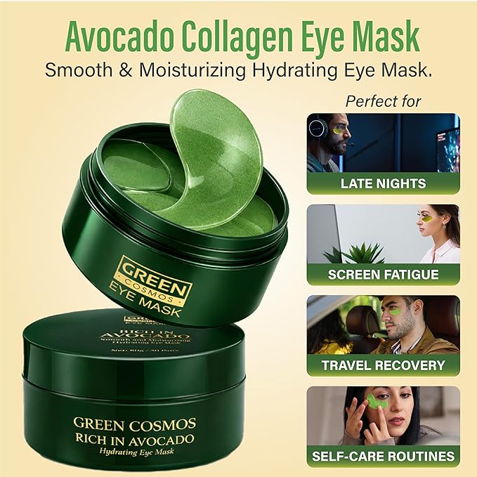 Avocado Collagen Eye Patches – Hydrating Under Eye Masks (30 Pairs) – Brightening, Anti-Puffiness, Dark Circles & Fine Lines – Green Hydrogel Eye Mask for Women & Men