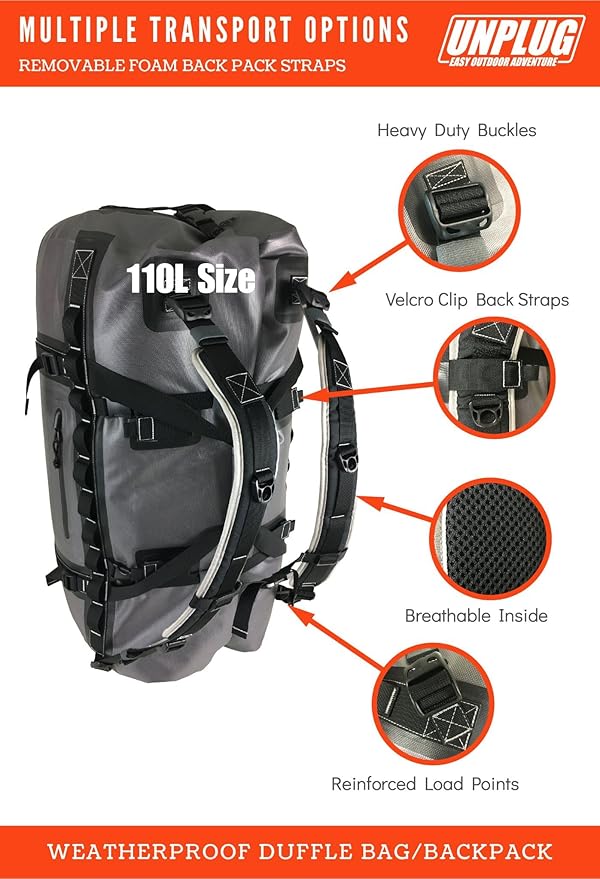 UNPLUG Ultimate Adventure | 1680D Heavy Duty Waterproof Bag | Large Travel Bag which can be Used for Camping, Motorcycling, Boating, or Hunting|110L Storm Grey