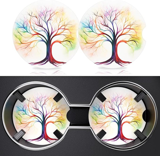 2 Pack Cup Holder Coaster, 2.63inch Anti Slip Insert Absorbent Ceramic Coaster With Cork Base and Finger Notch, Cute Car Accessories Interior for Women (Tree)